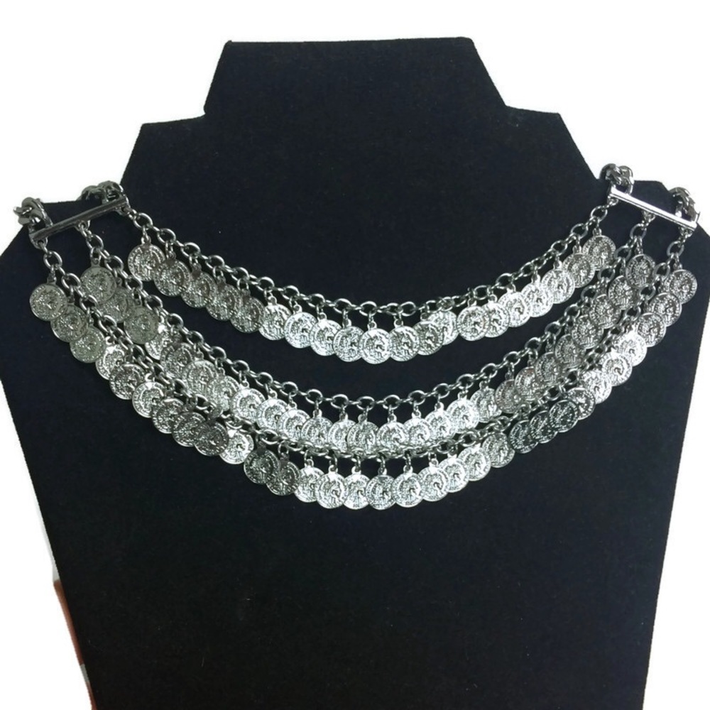 Layered 3-Strand French Coin Silver Tone Collar 15.5” Statement Necklace